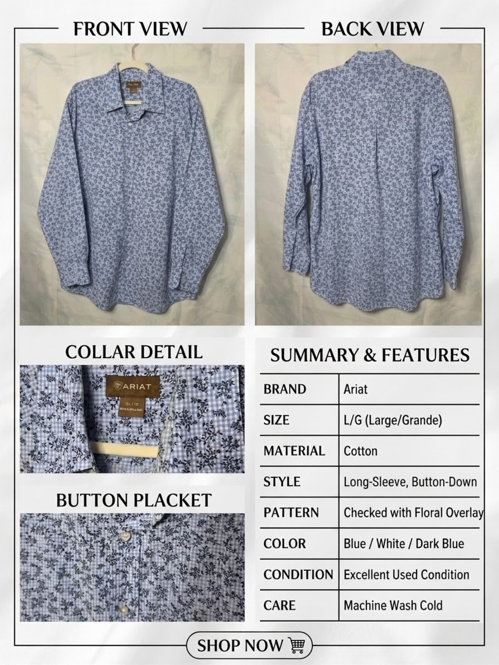 Ariat Blue and White Floral-Check Long-Sleeve Button-Down Shirt